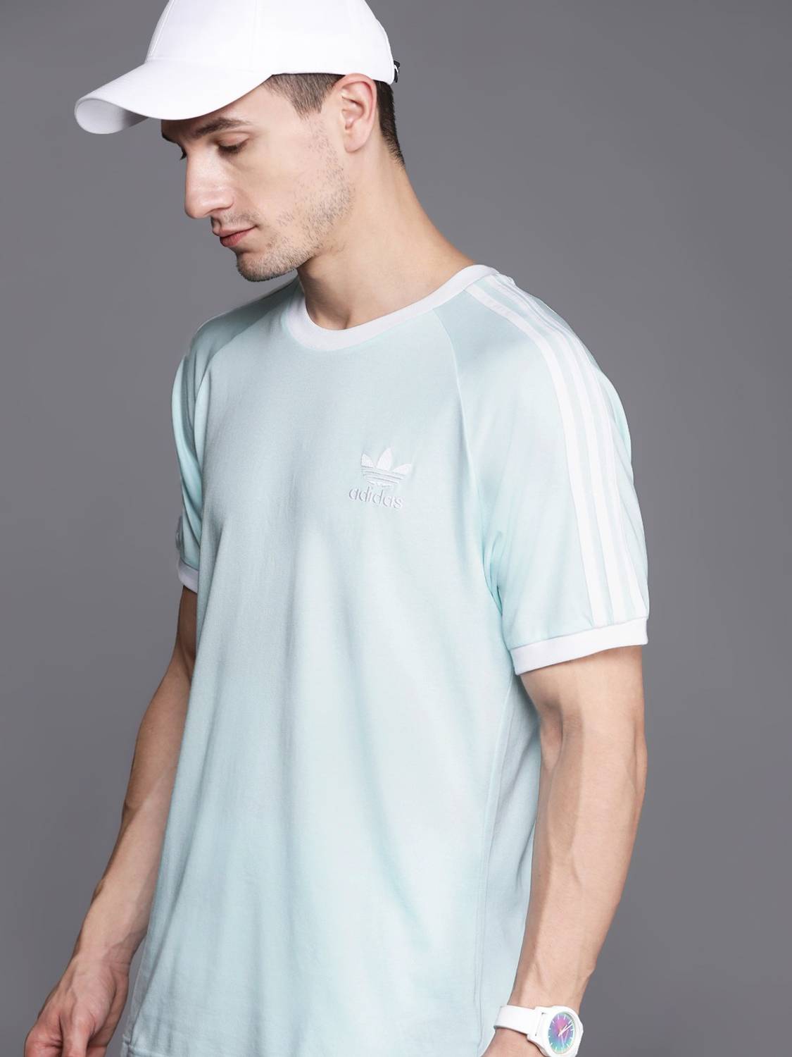 ADIDAS ORIGINALS Striped Men Round Neck Blue T-Shirt
