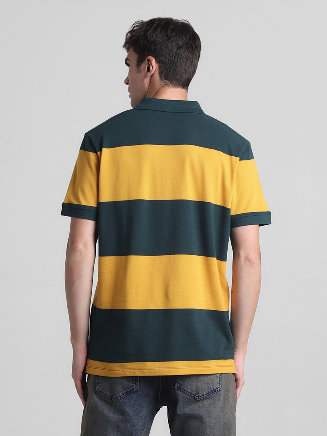 Image of JACK & JONES Striped Men Polo Neck Yellow T-Shirt