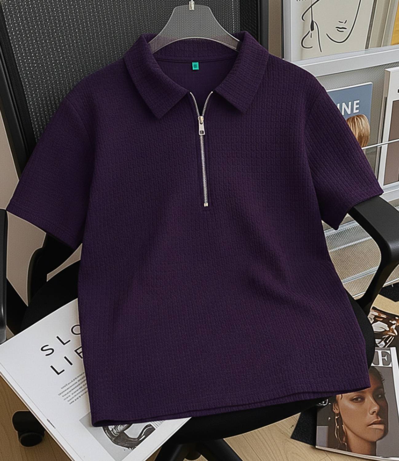 Try This Men Self Design Polo Neck Cotton Blend Purple, Multicolo