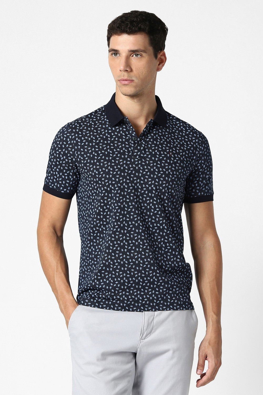 Image of VAN HEUSEN Printed Men Polo Neck Dark Blue T-Shirt