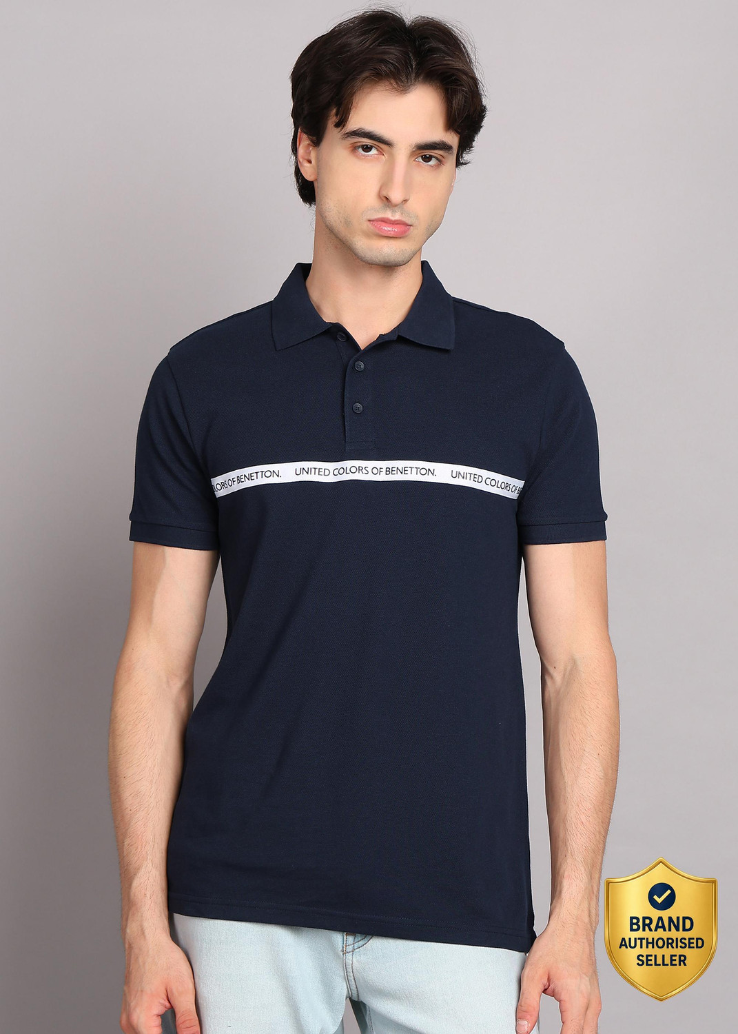 United Colors of Benetton Solid Men Polo Neck Navy Blue T-Shirt