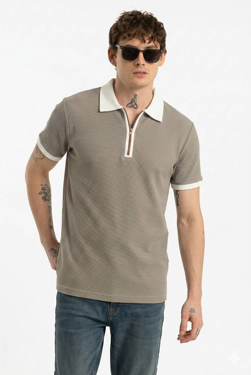 Bairagi Self Design Men Polo Neck Grey, White T-Shirt