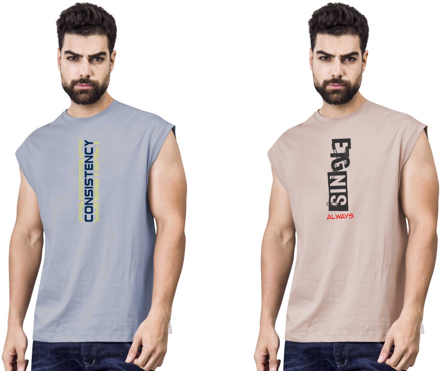 I&D Pack of 2 Men Graphic Print Round Neck Pure Cotton Multicolor