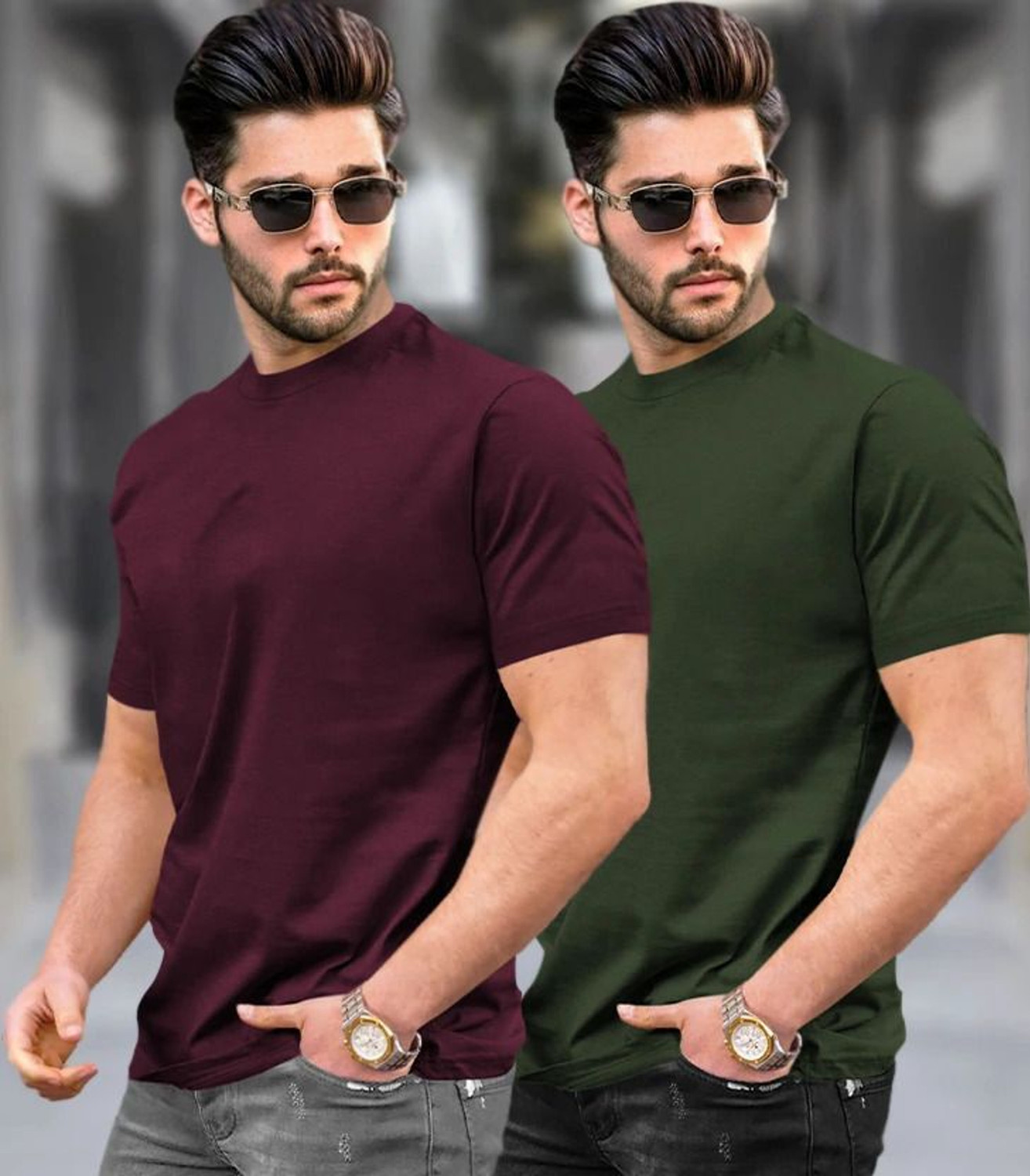 Image of TRIPR Solid Men Round Neck Maroon, Dark Green T-Shirt