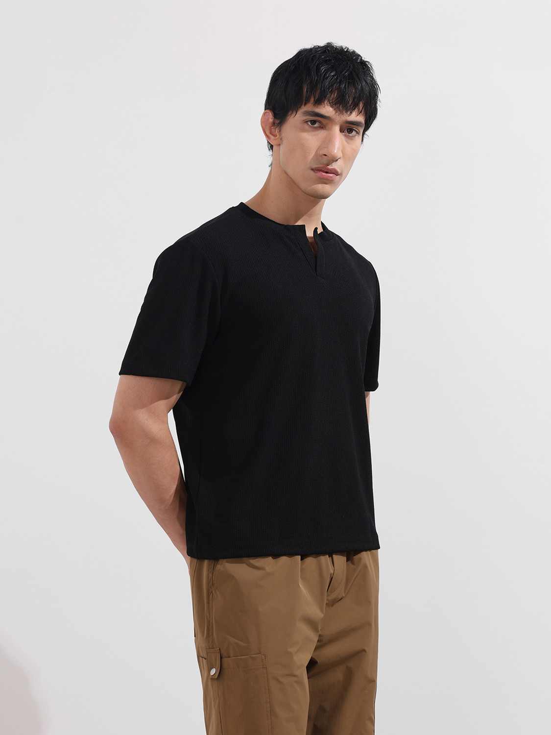 Image of The Indian Garage Co. Self Design Men V Neck Black T-Shirt