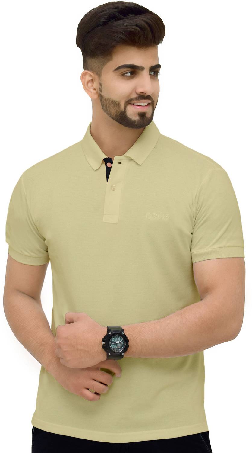 3BROS Men Solid Polo Neck Cotton Blend Yellow T-Shirt