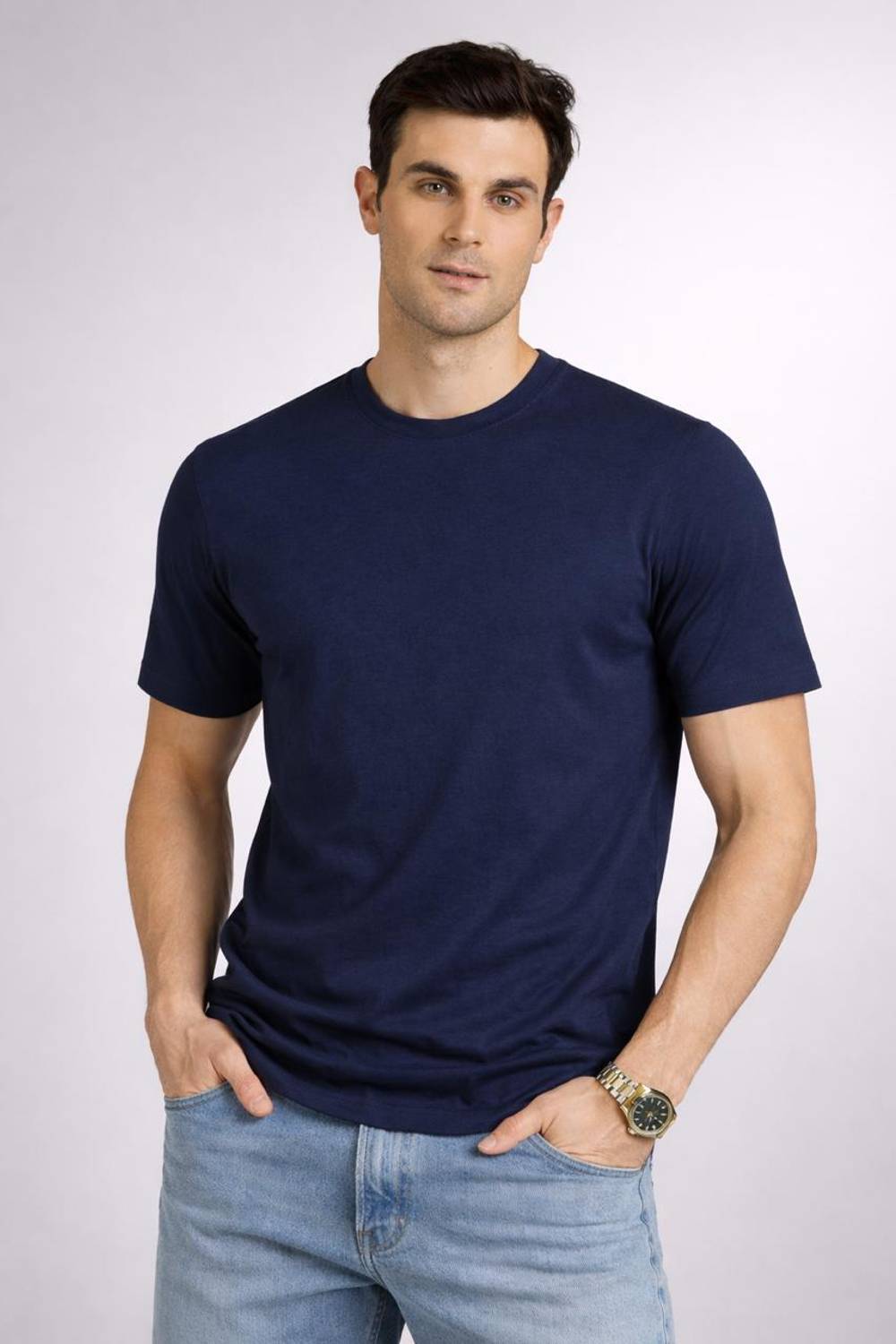 KAEZRI Men Solid Round Neck Pure Cotton Navy Blue T-Shirt