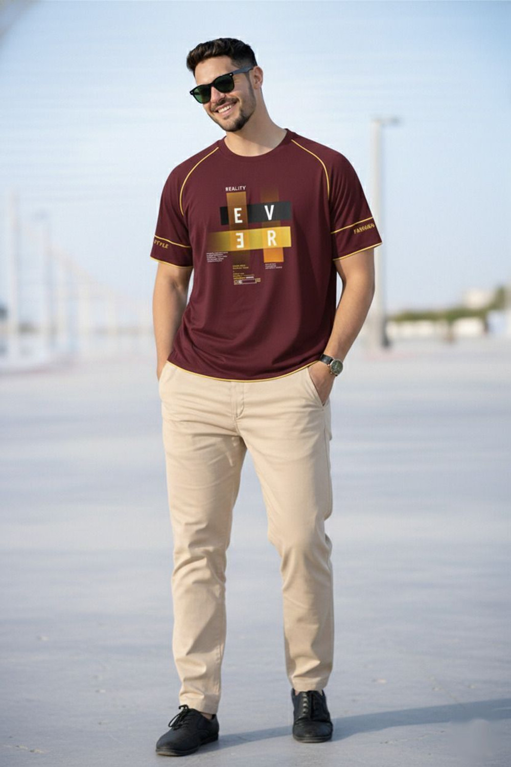 Image of Reya Printed Men Round Neck Maroon T-Shirt