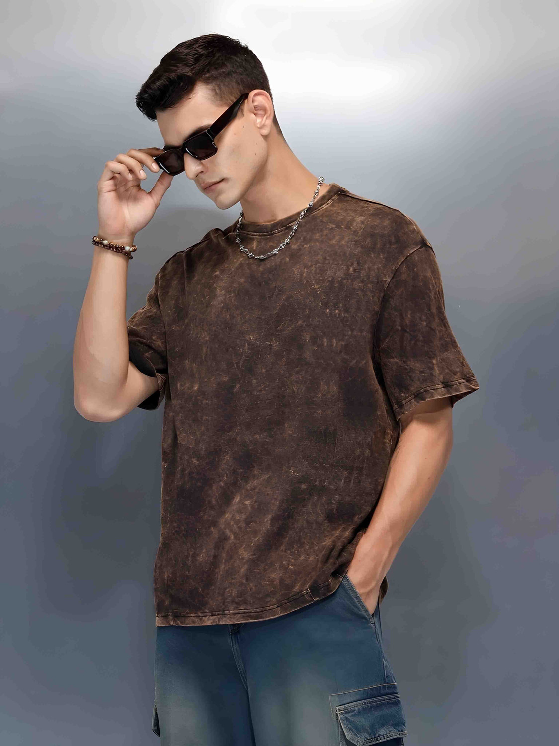 Image of HEXACRAFT Washed Men Round Neck Brown T-Shirt