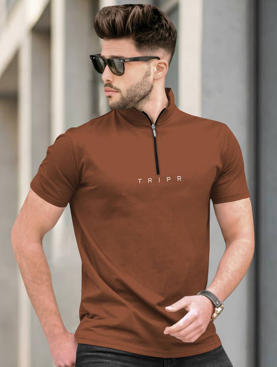TRIPR Men Typography Mandarin Collar Cotton Blend Brown T-Shirt