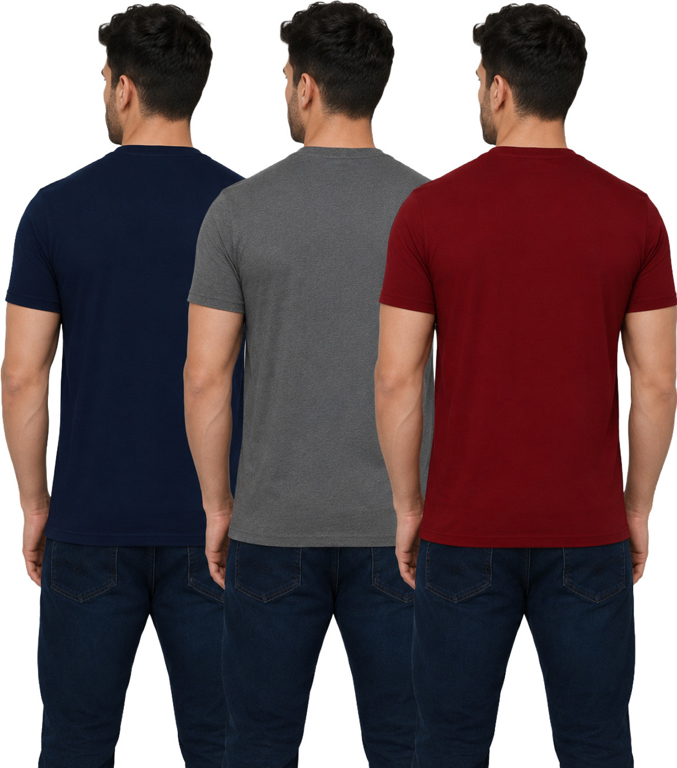 Image of London Hills Solid Men Round Neck Dark Blue, Maroon, Grey T-Shirt