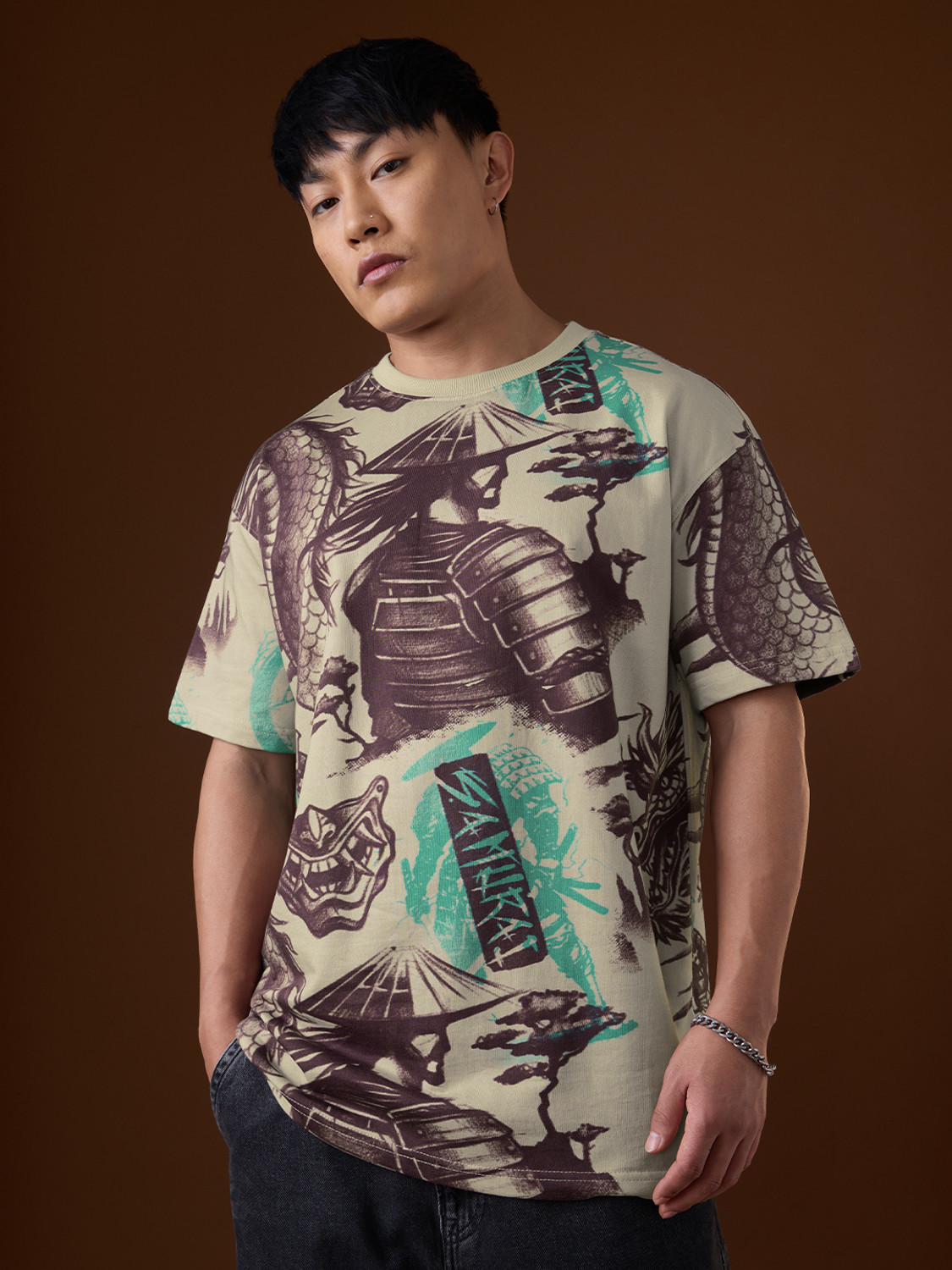 Image of The Souled Store Graphic Print Men Round Neck Beige T-Shirt