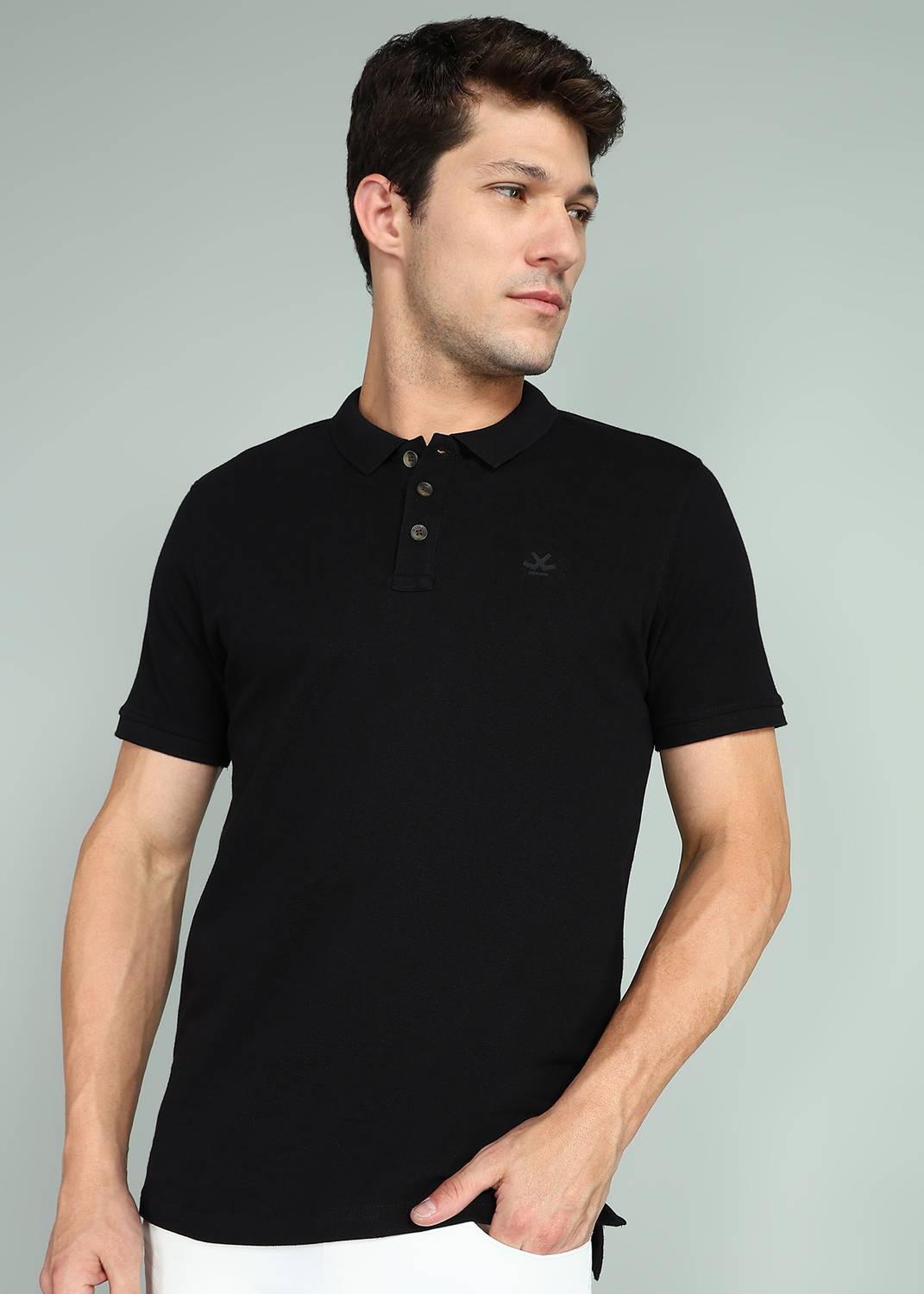 WROGN Men Solid Polo Neck Pure Cotton Black T-Shirt