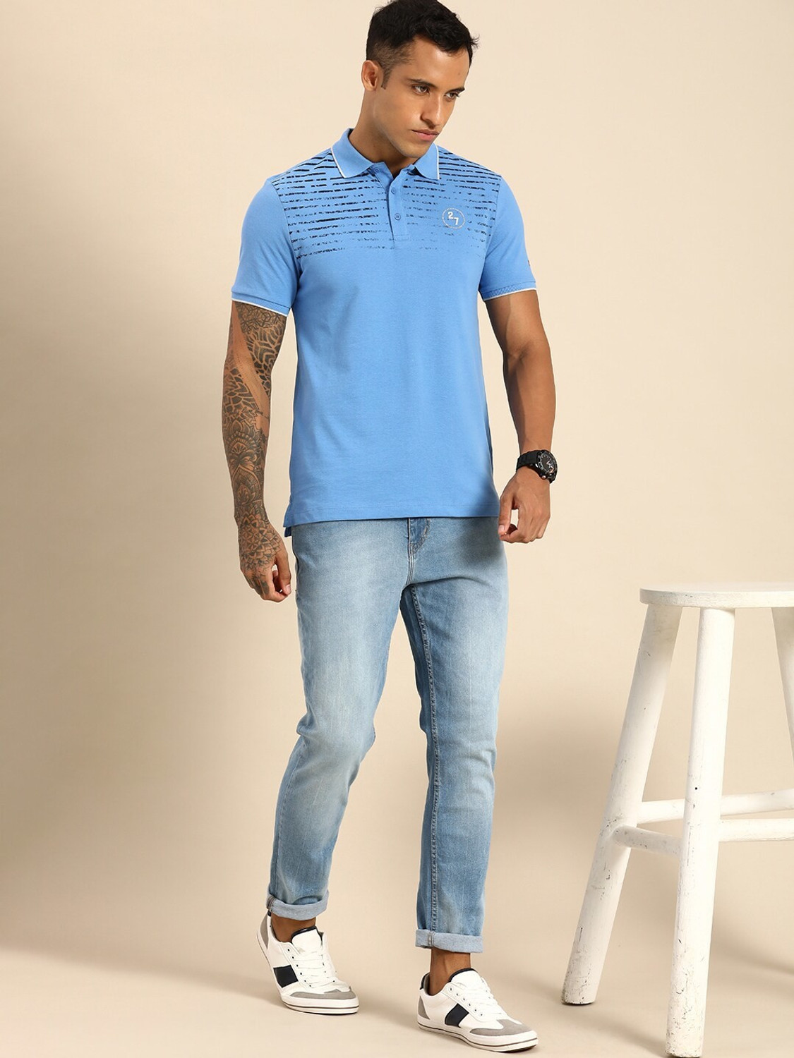 Image of BEING HUMAN Striped Men Polo Neck Blue T-Shirt