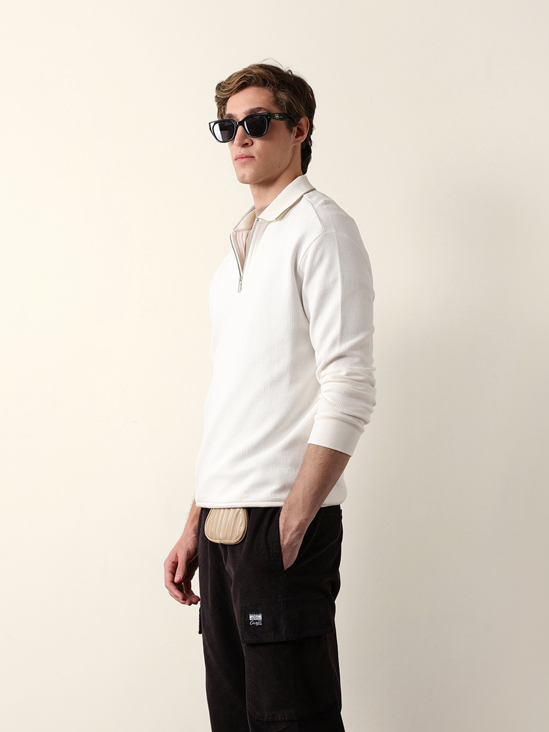 Image of THE BEAR HOUSE Self Design Men Polo Neck White T-Shirt