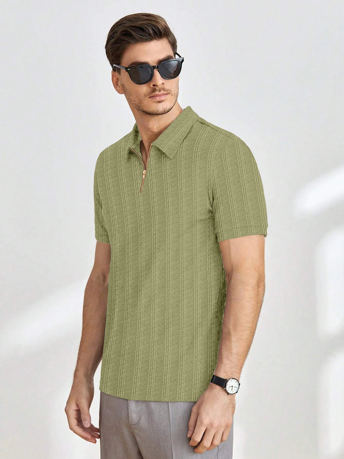 Image of COMBRAIDED Striped Men Zip Neck Green T-Shirt