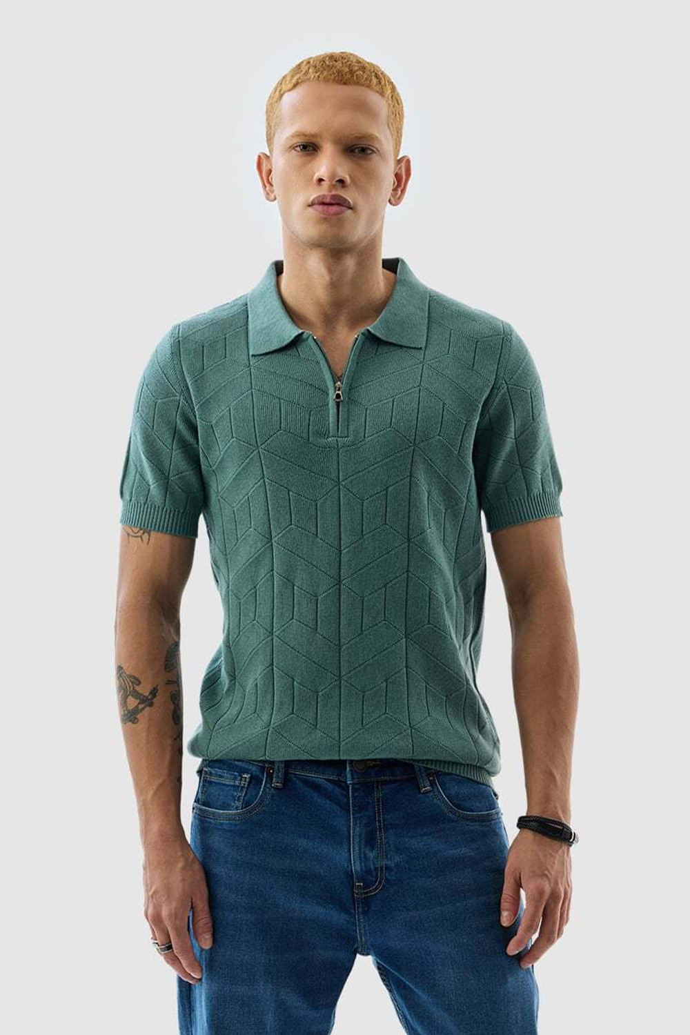 Image of Snitch Self Design Men Polo Neck Green T-Shirt