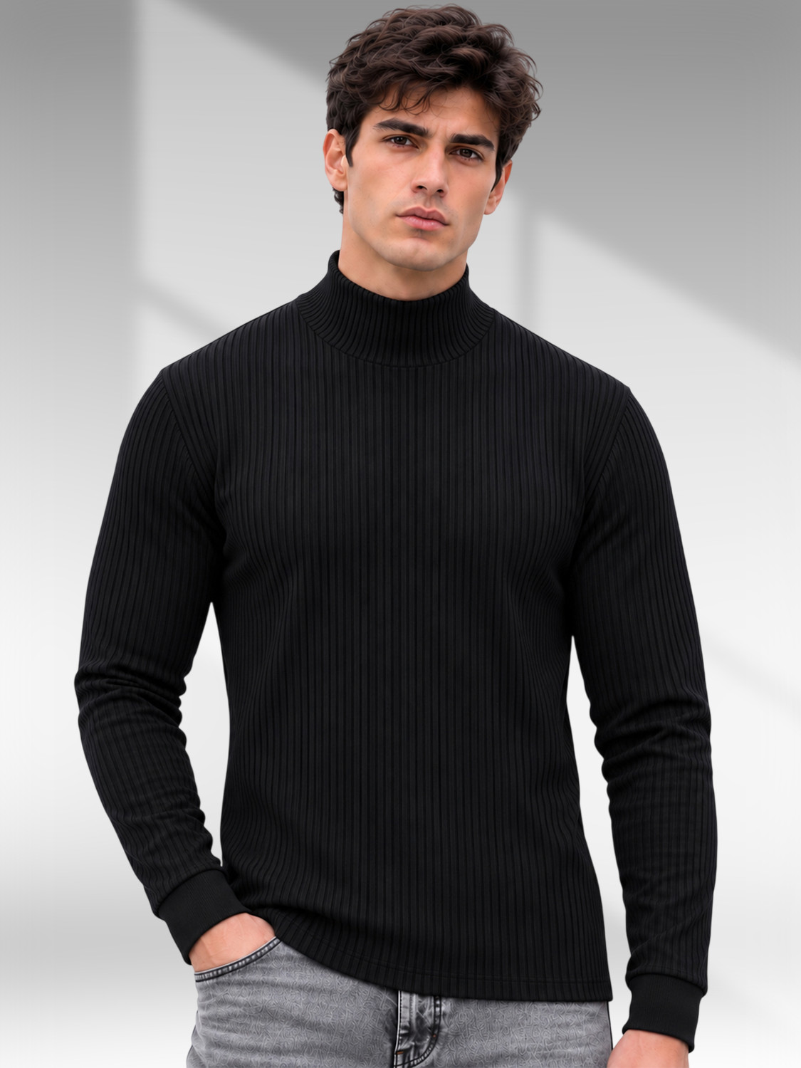 Image of GK ROOTS Striped Men Turtle Neck Black T-Shirt