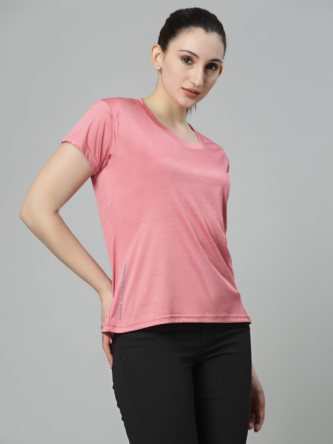 Image of UZARUS Solid Women Round Neck Grey, Pink T-Shirt
