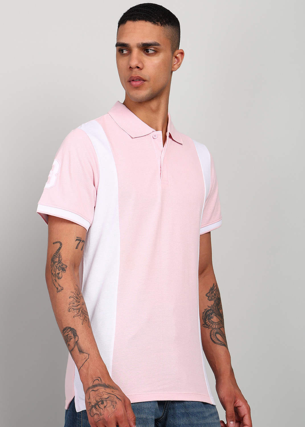 Image of KILLER Colorblock Men Polo Neck Pink T-Shirt