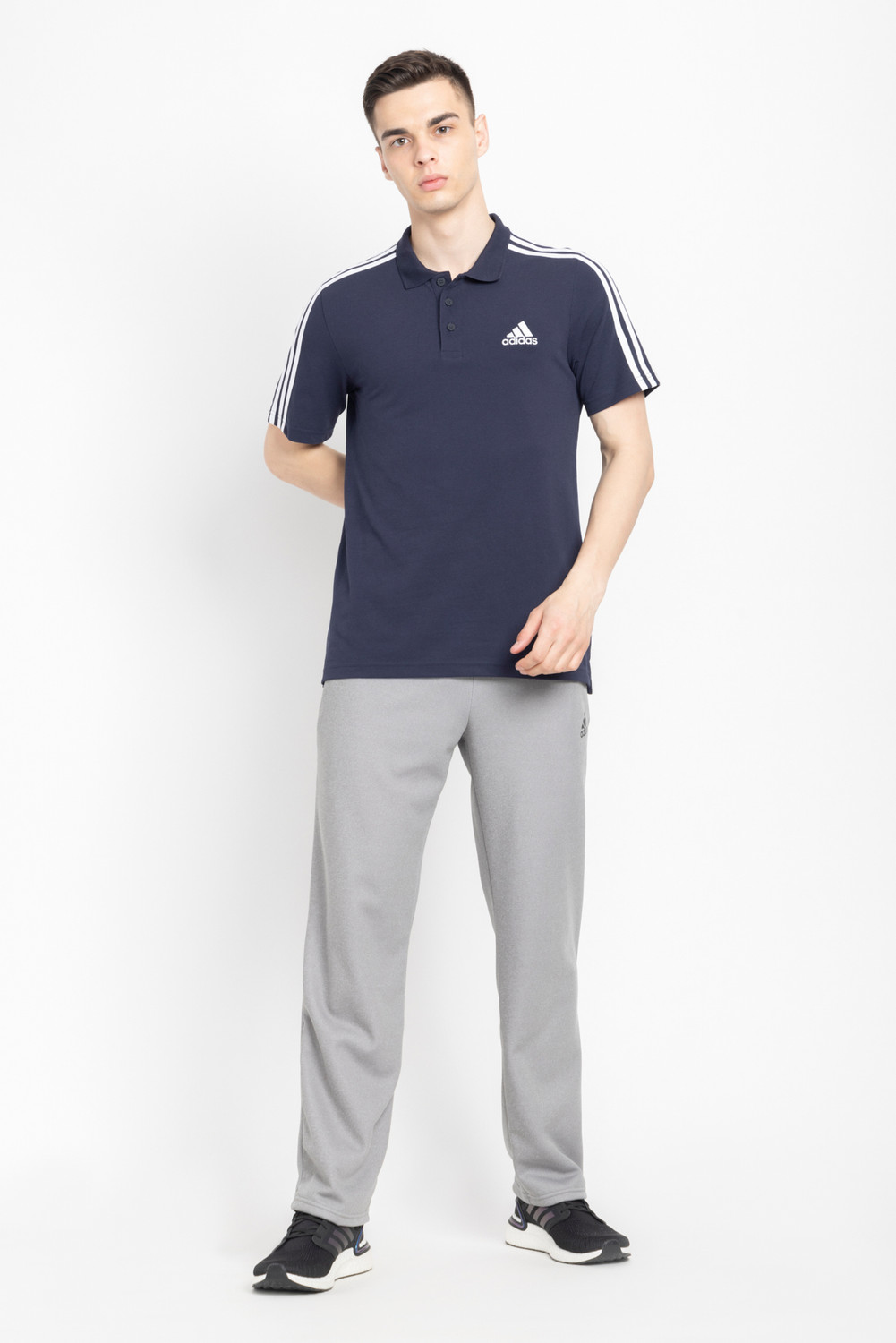 Image of ADIDAS Striped Men Polo Neck Blue T-Shirt