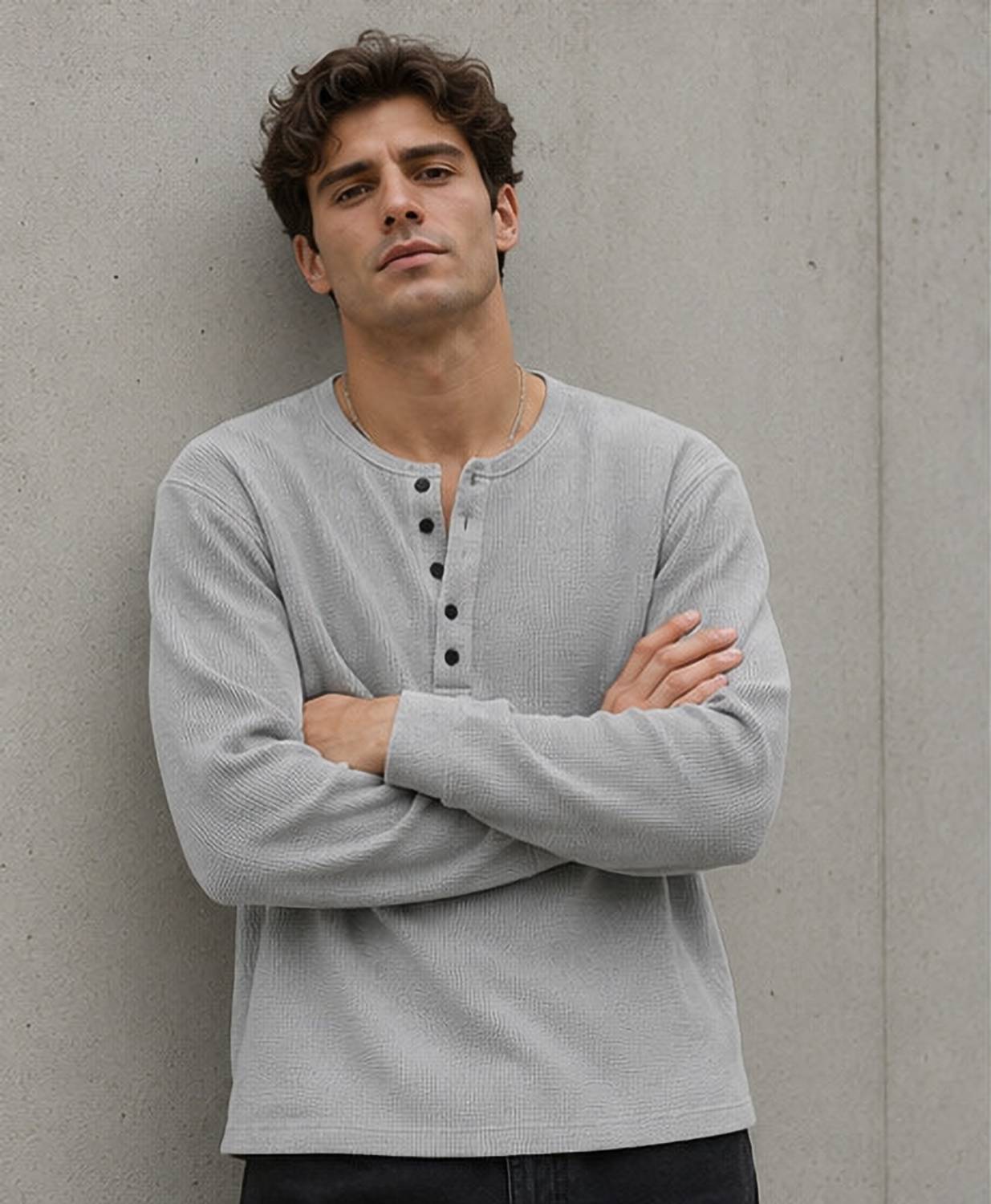 NOOK Men's Grey Henley Neck T-Shirt - Image 5