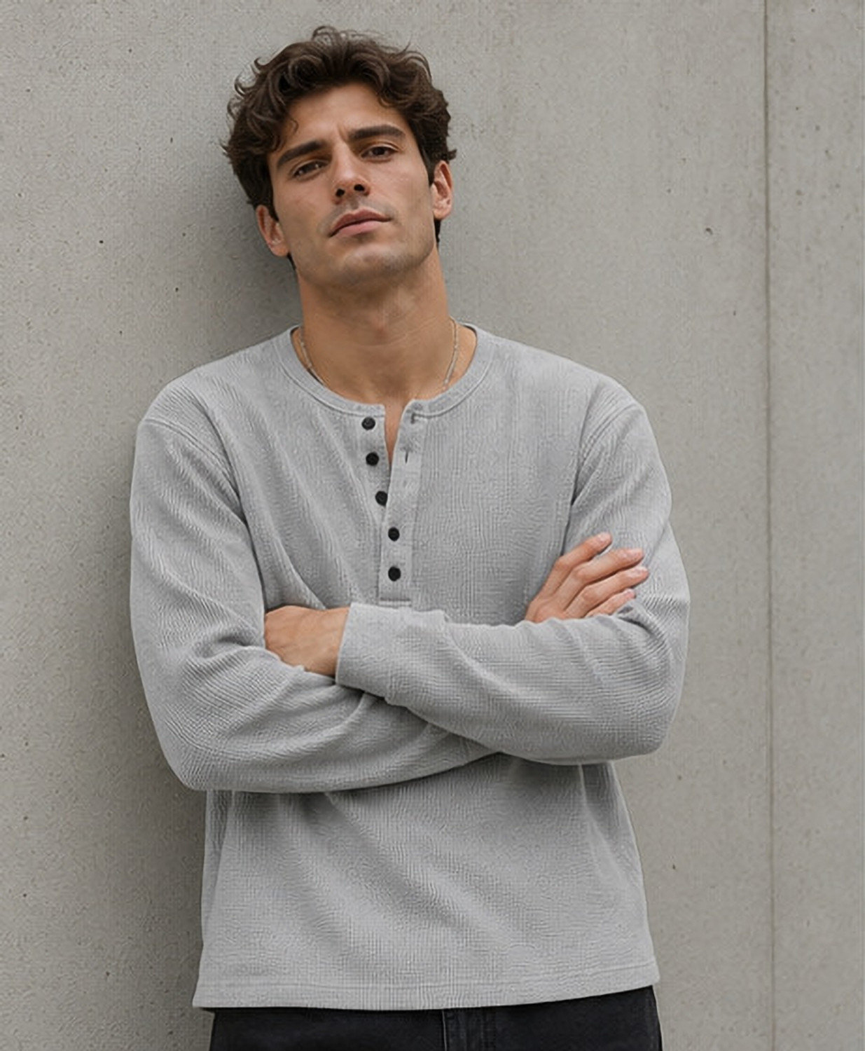 Image of NOOK Self Design Men Henley Neck Grey T-Shirt