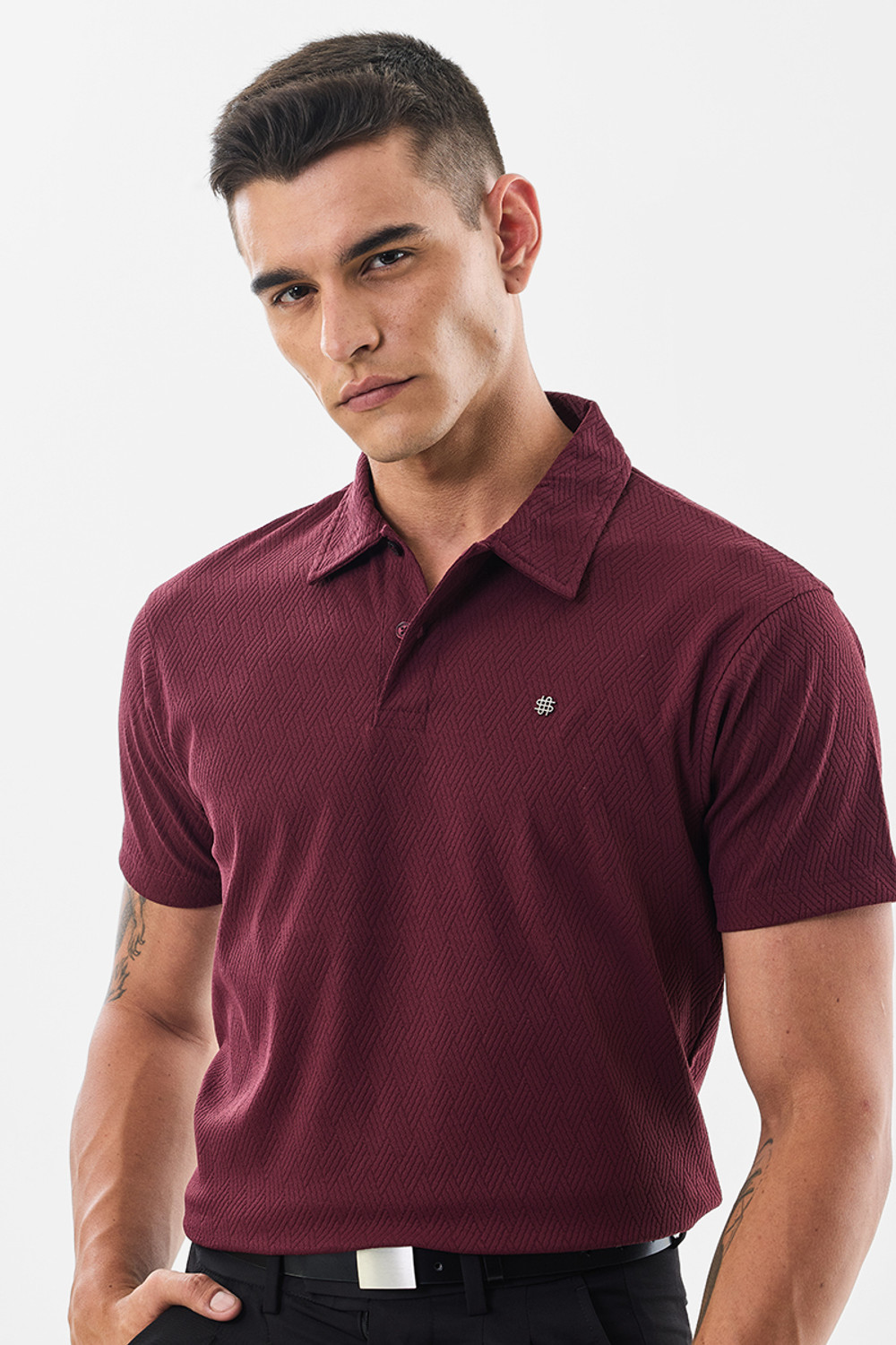 Image of Snitch Self Design Men Polo Neck Maroon T-Shirt