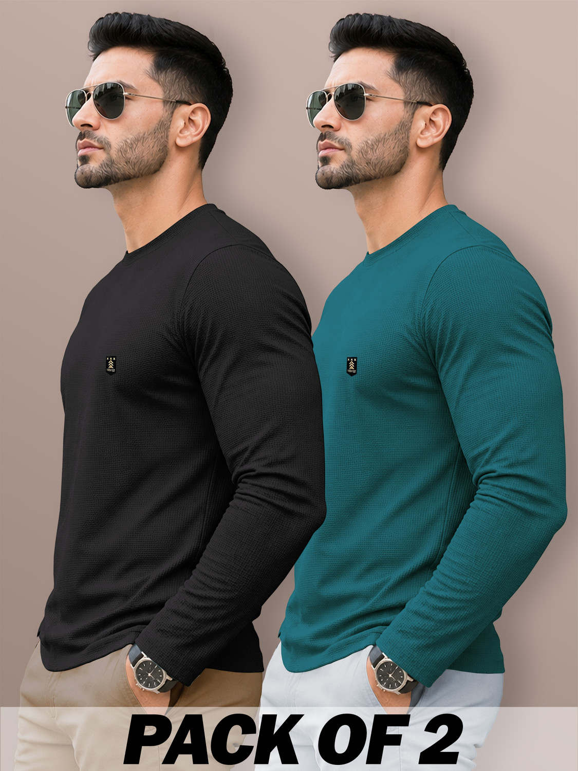 Image of VeBNoR Self Design Men Round Neck Black, Green T-Shirt
