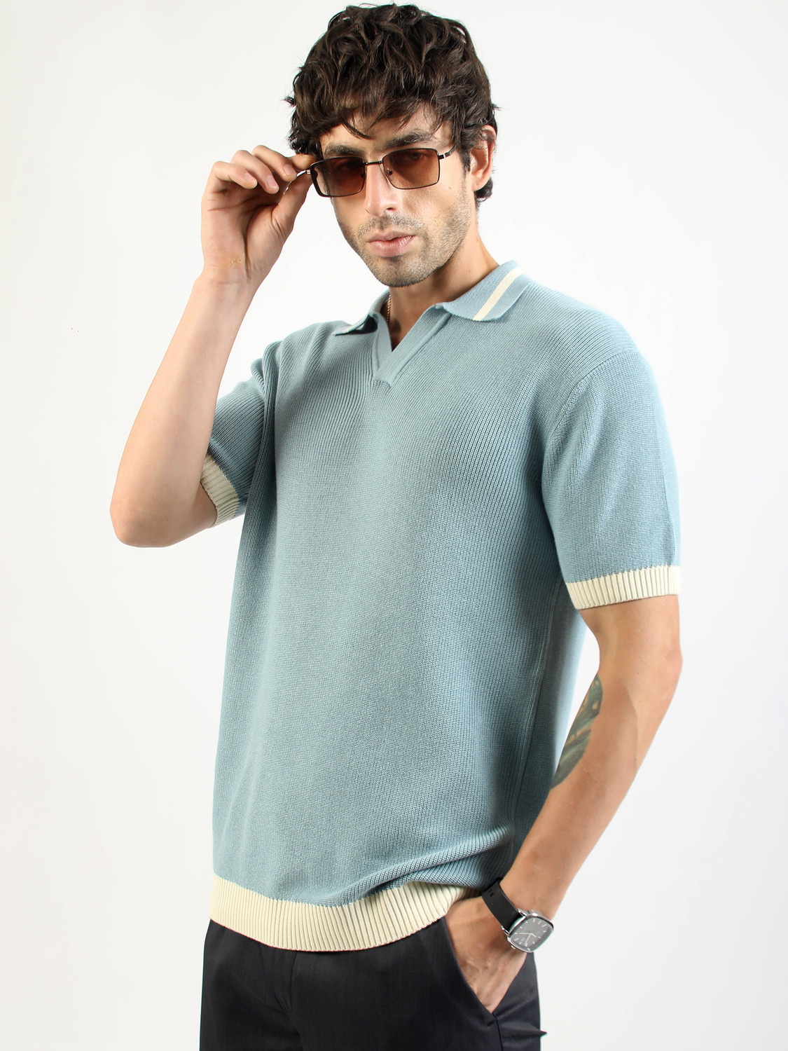 Image of MANIAC Self Design Men Polo Neck Blue T-Shirt