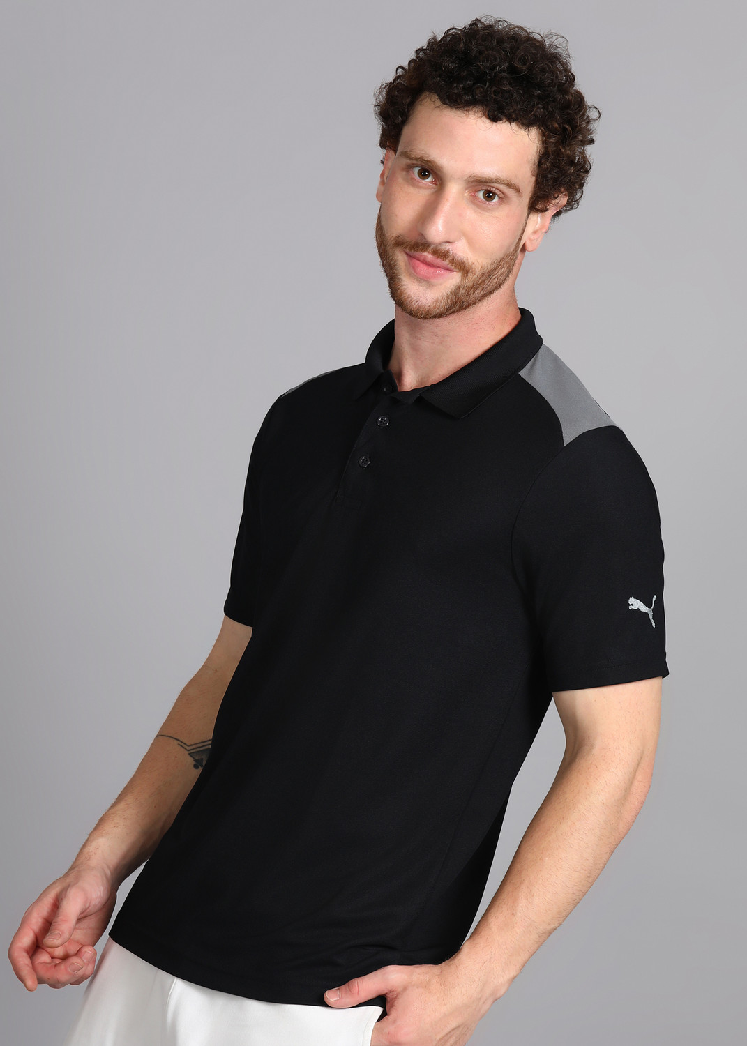 Image of PUMA Colorblock Men Polo Neck Black T-Shirt