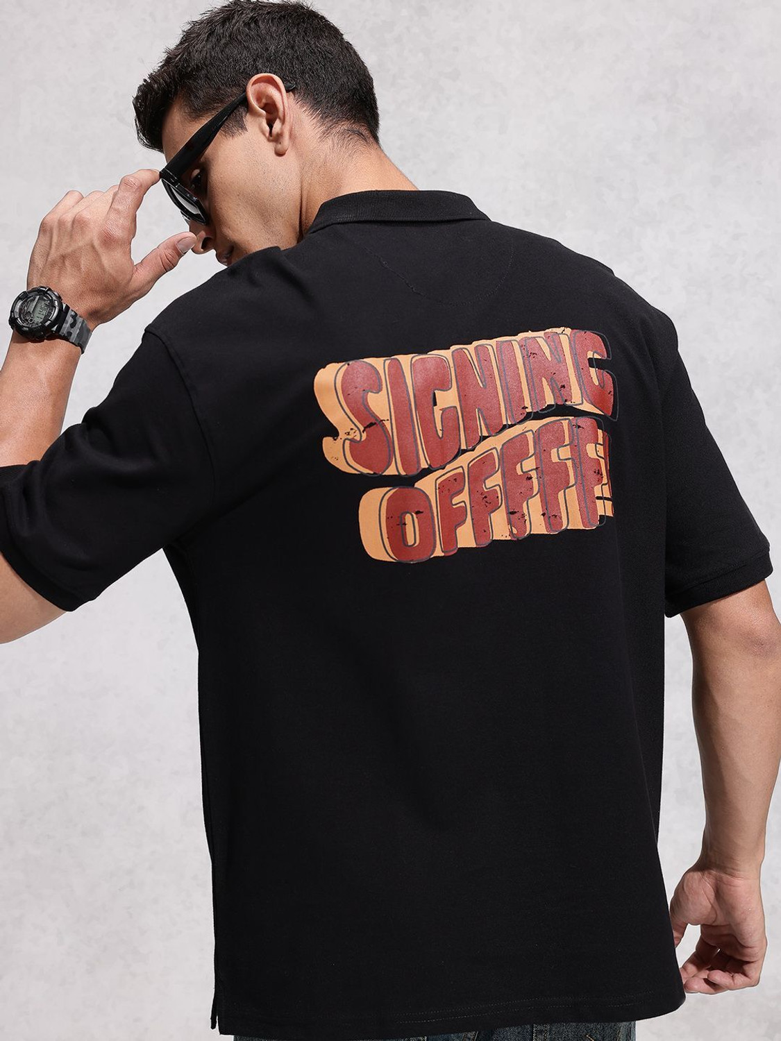 Image of WROGN Printed Men Polo Neck Black T-Shirt