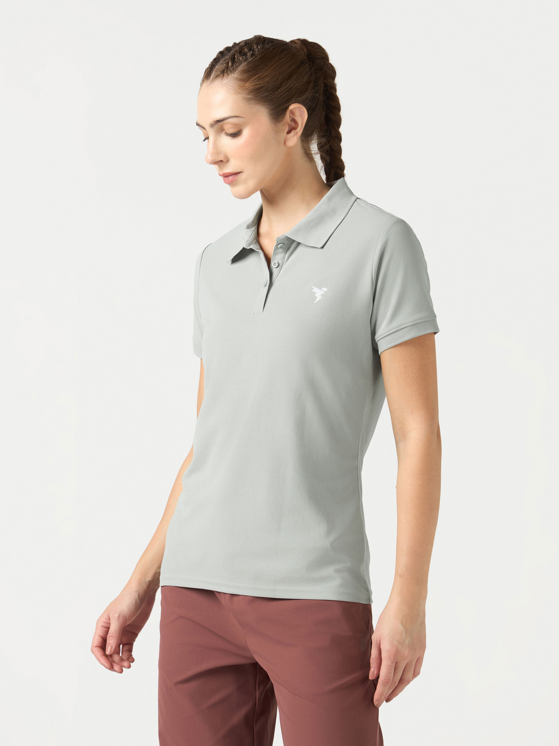 Image of TECHNOSPORT Solid Women Polo Neck Grey T-Shirt