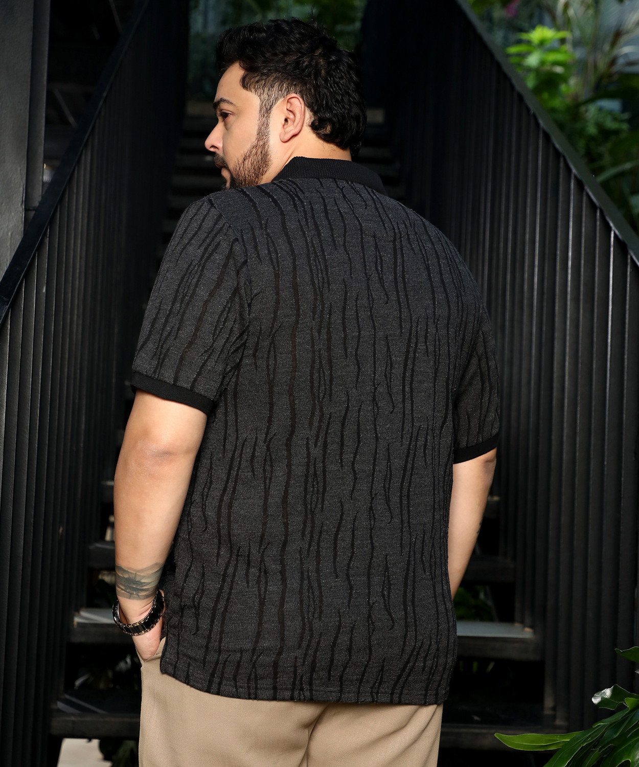 Image of Instafab Plus Men Abstract Polo Neck Cotton Blend Black T-Shirt