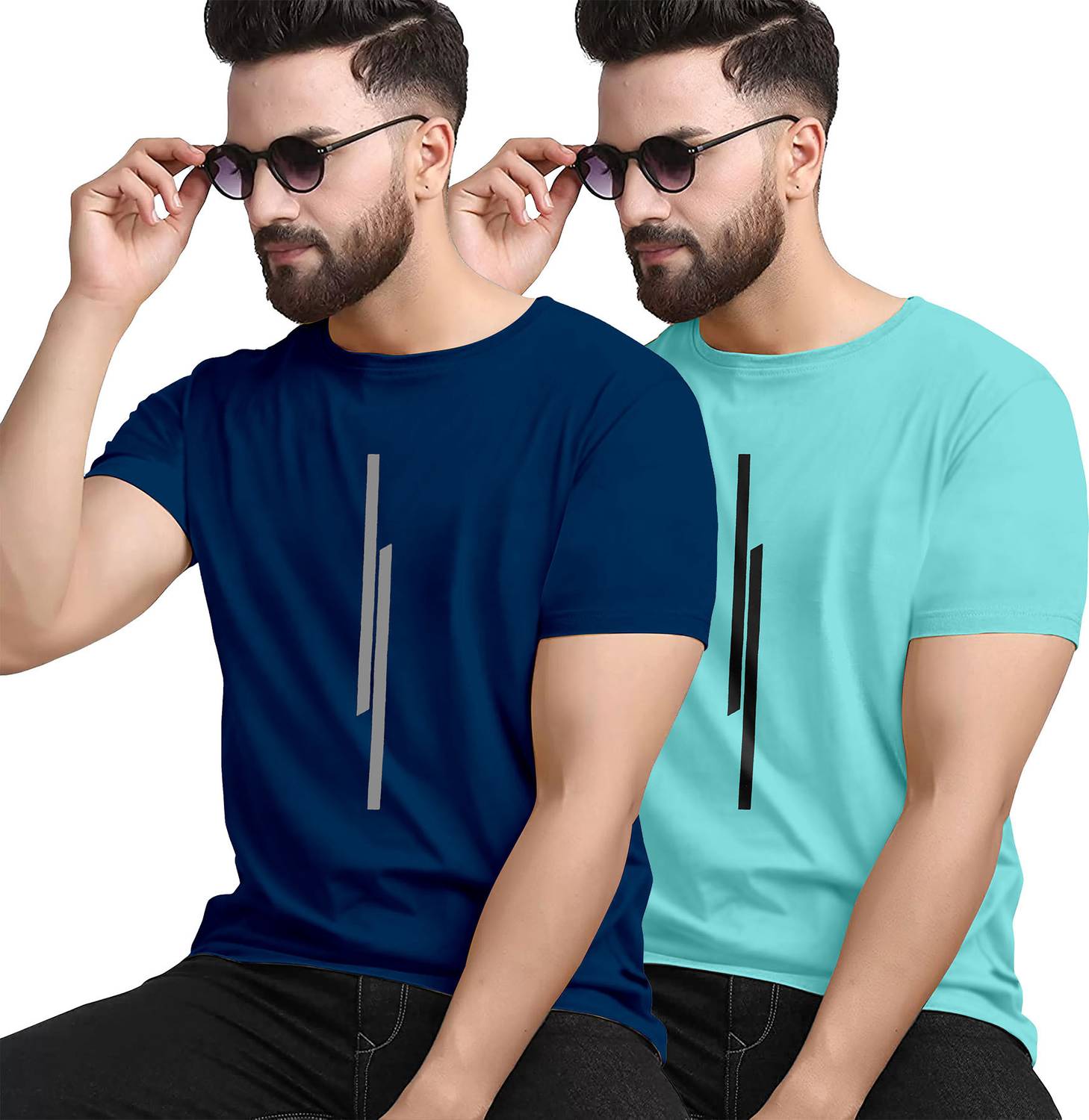 KAJARU Pack of 2 Men Striped Round Neck Polyester Dark Blue, Blue
