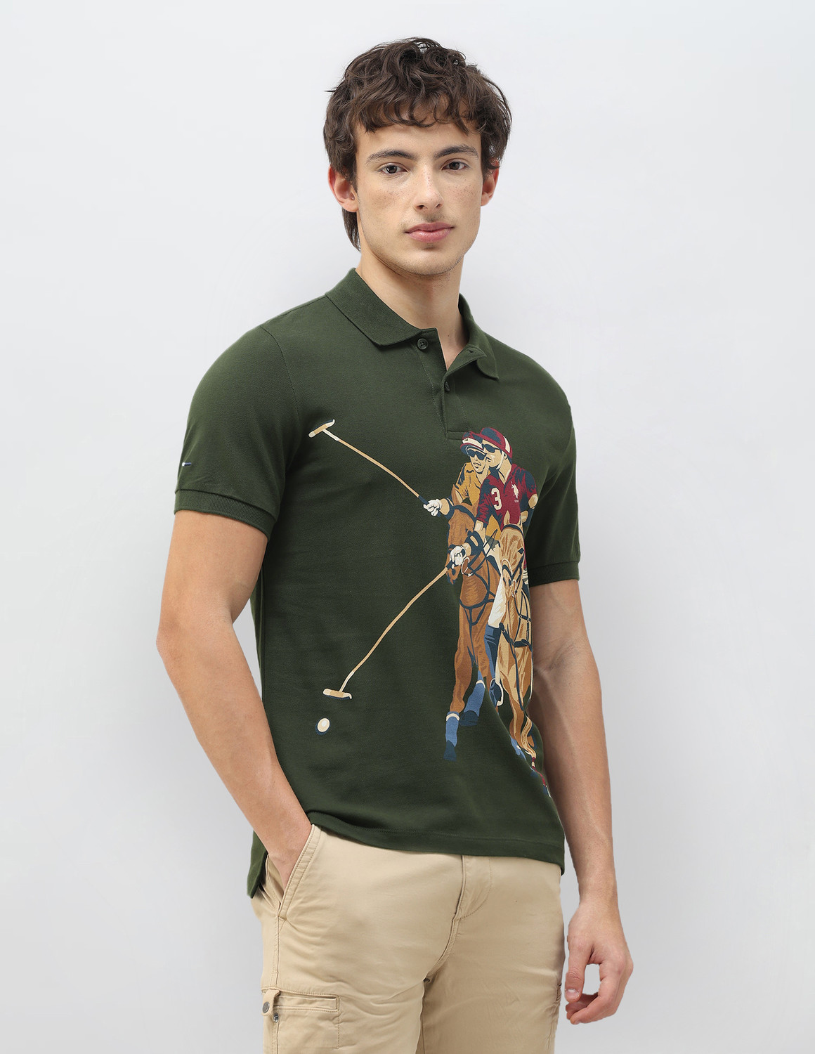 Image of U.S. Polo Assn. Denim Co. Men Graphic Print Polo Neck Pure Cotton Green T-Shirt