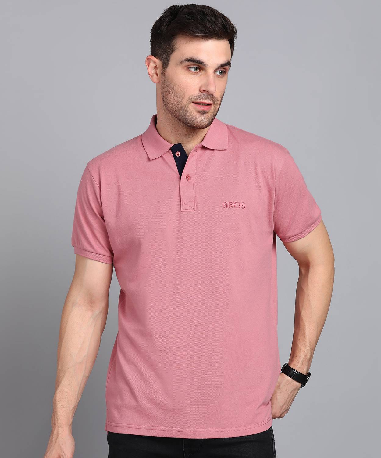 3BROS Men Solid Polo Neck Cotton Blend Pink T-Shirt