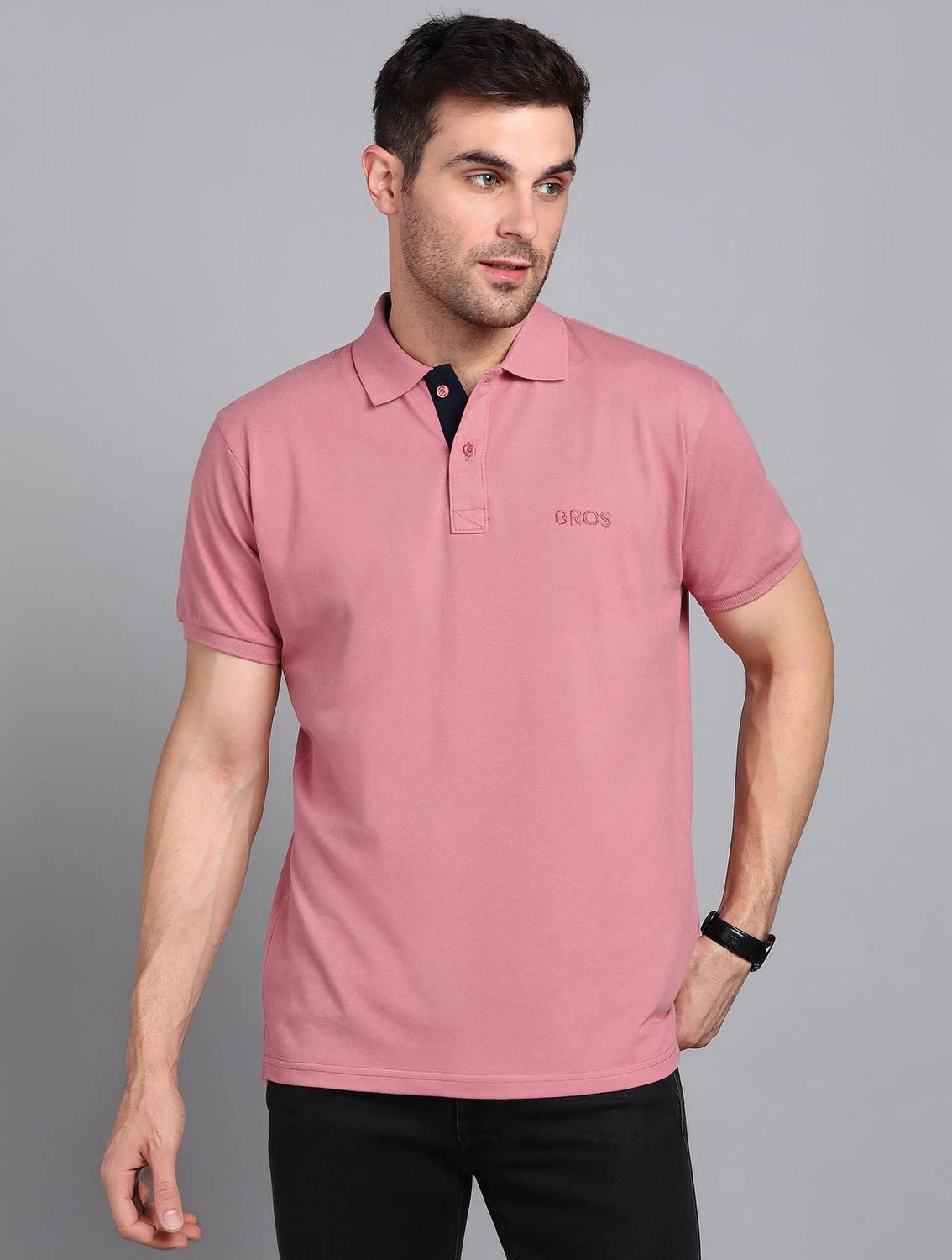 3BROS Solid Men Polo Neck Pink T-Shirt