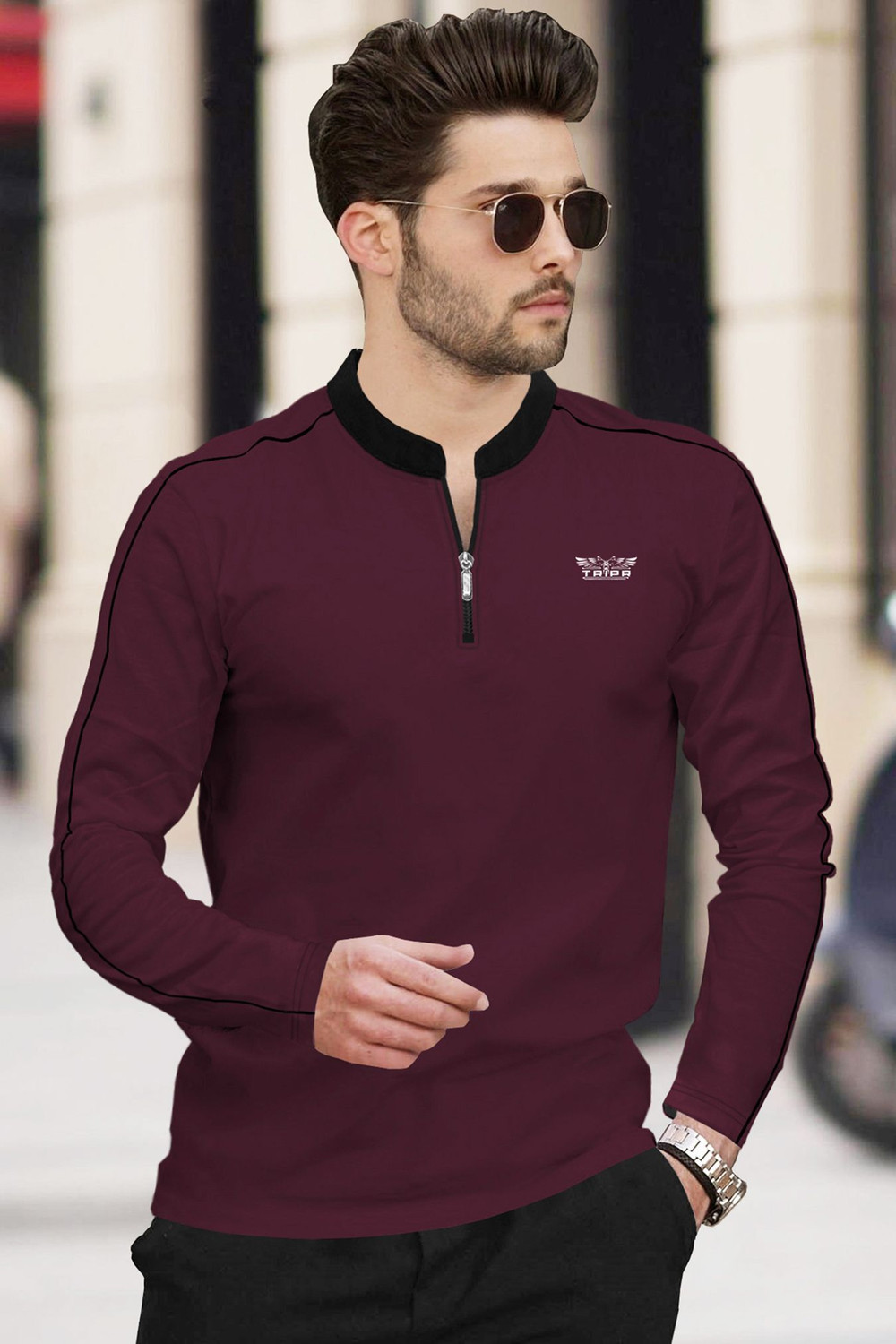 Image of TRIPR Solid Men Mandarin Collar Maroon, Black T-Shirt