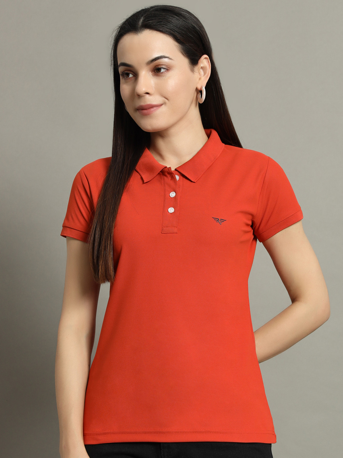 Image of RISS Solid Women Polo Neck Orange T-Shirt