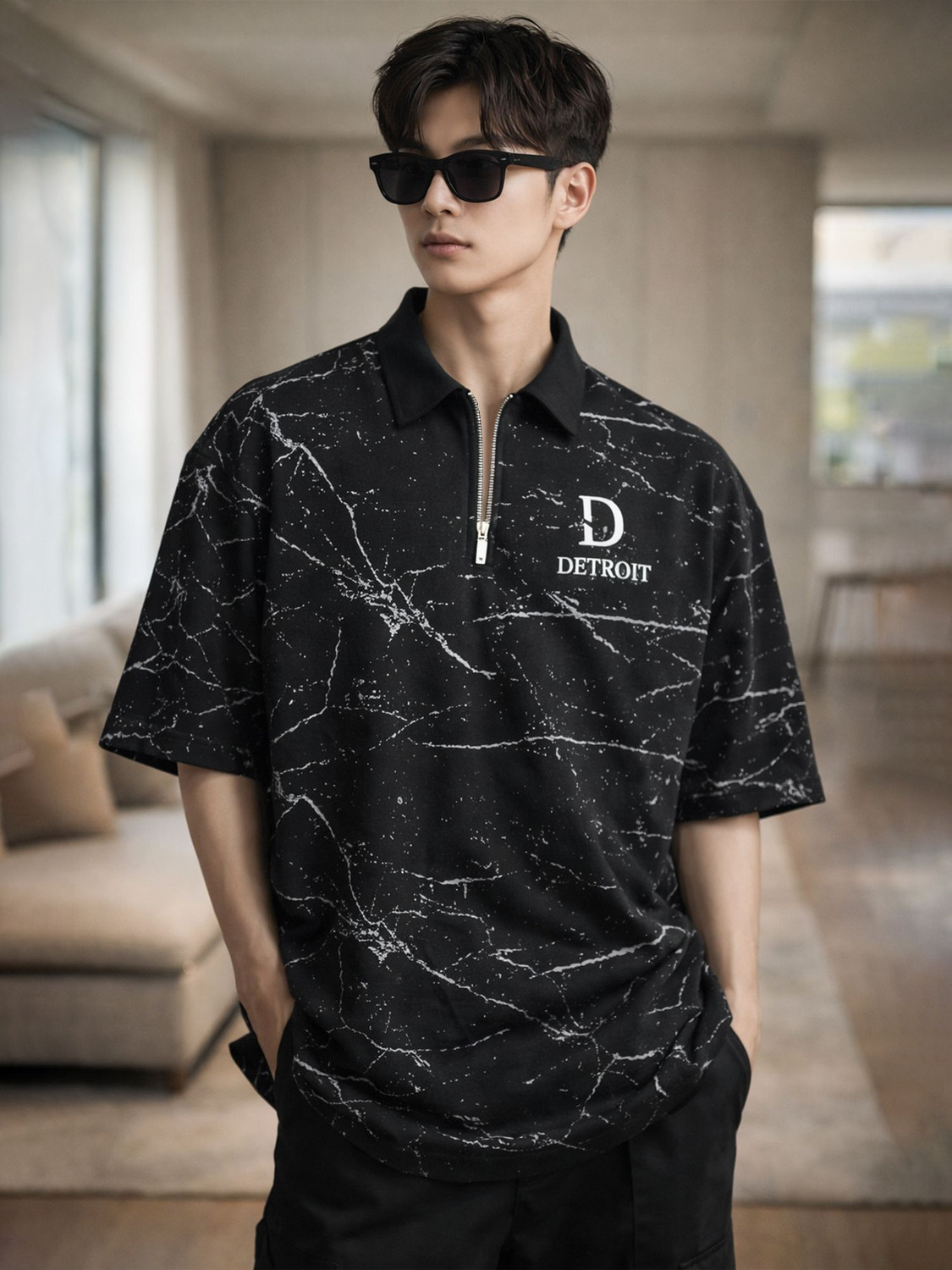 Image of Jump Cuts Printed Men Zip Neck Black, Grey T-Shirt