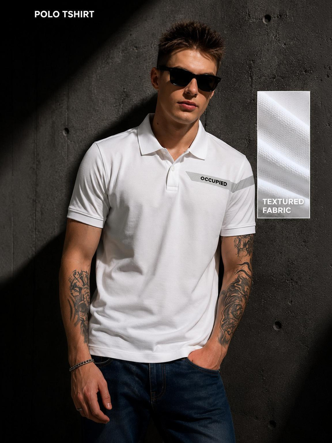 Image of Occupied Clothing Co. Men Solid Polo Neck Cotton Blend White T-Shirt