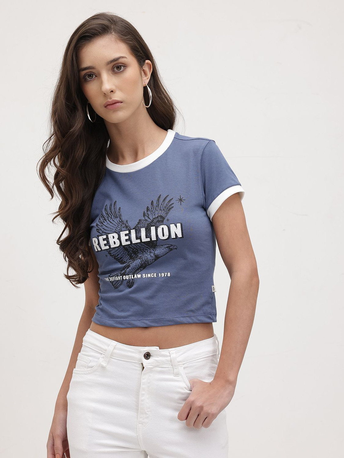 Image of Roadster Printed Women Round Neck Blue T-Shirt