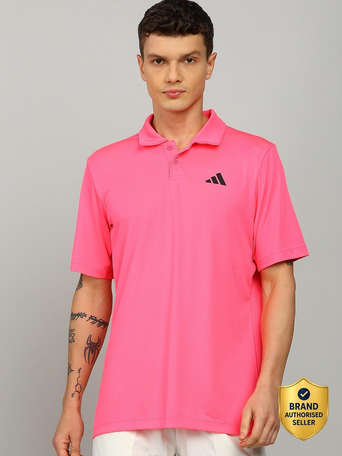 Image of ADIDAS Men Solid Polo Neck Polyester Pink T-Shirt