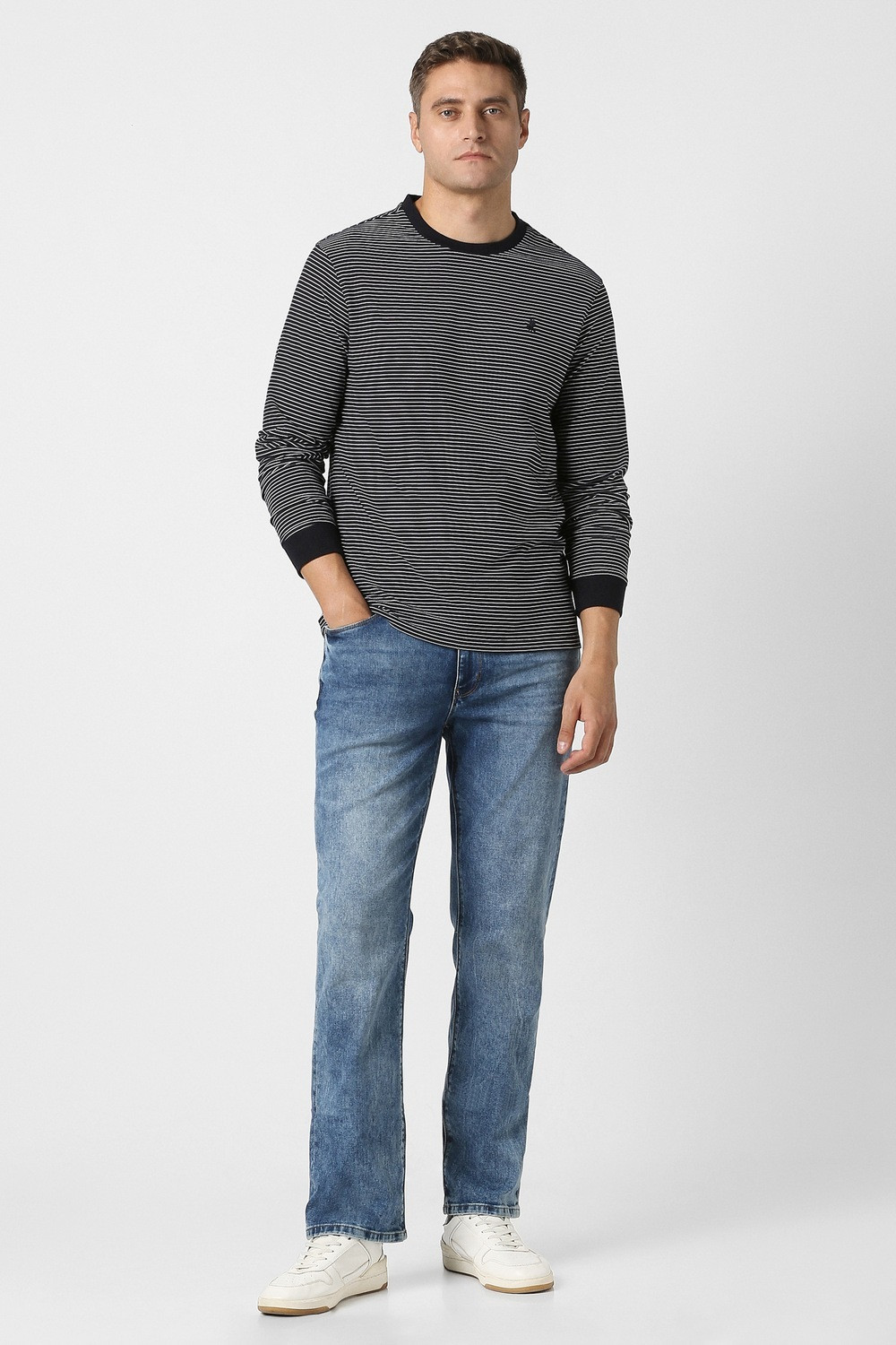 Image of PETER ENGLAND Striped Men Crew Neck Black T-Shirt