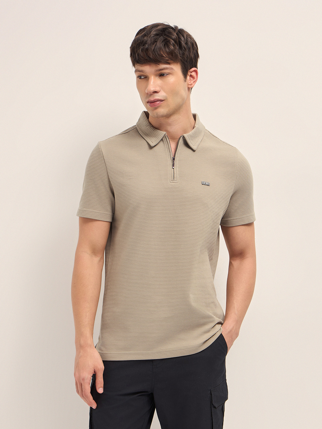 Image of THE BEAR HOUSE Self Design Men Polo Neck Beige T-Shirt