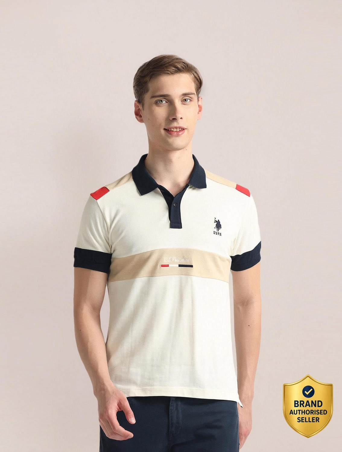 Image of U.S. POLO ASSN. Colorblock Men Polo Neck Beige T-Shirt