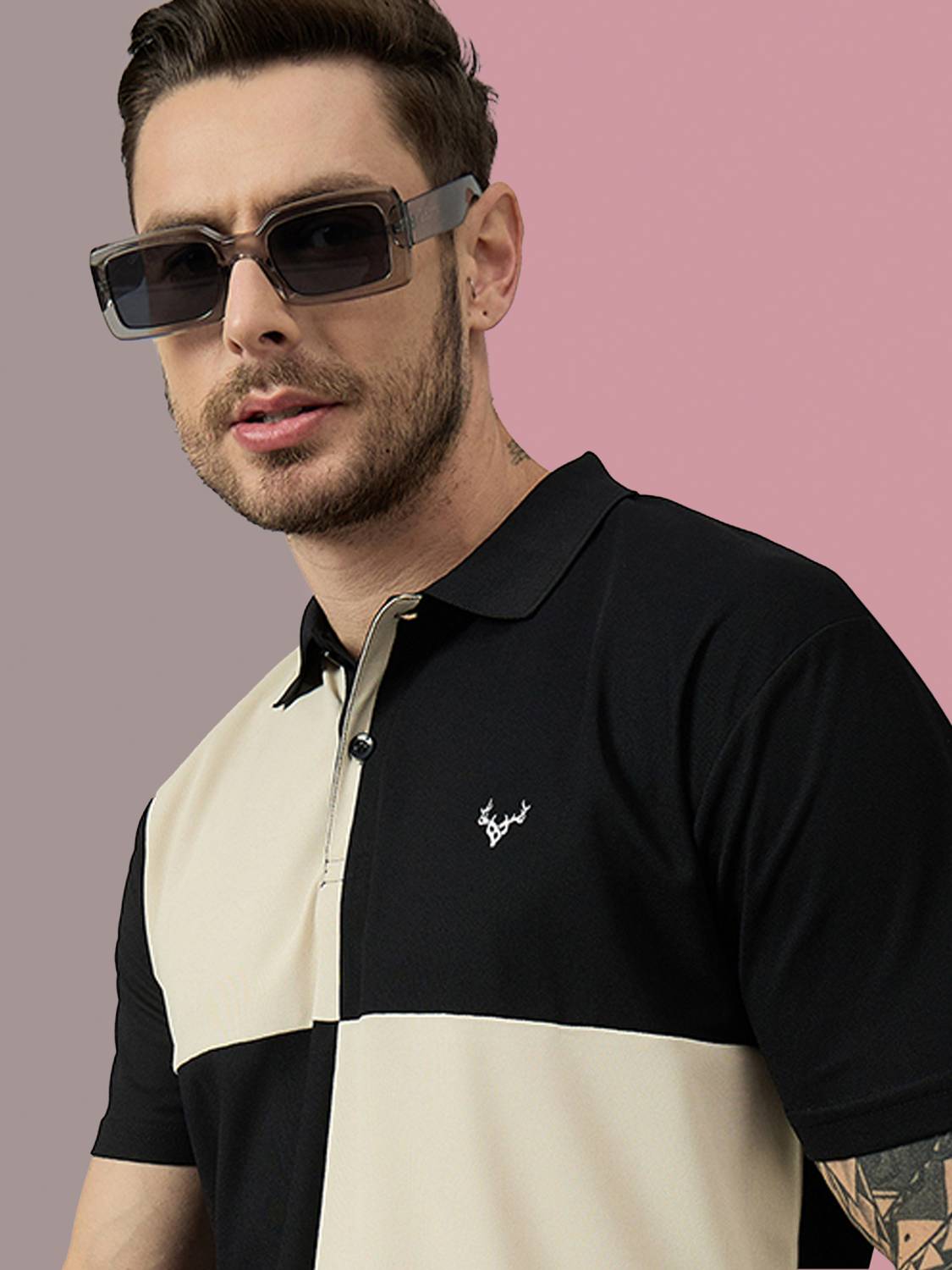 BRONATION Colorblock Men Polo Neck Black T-Shirt