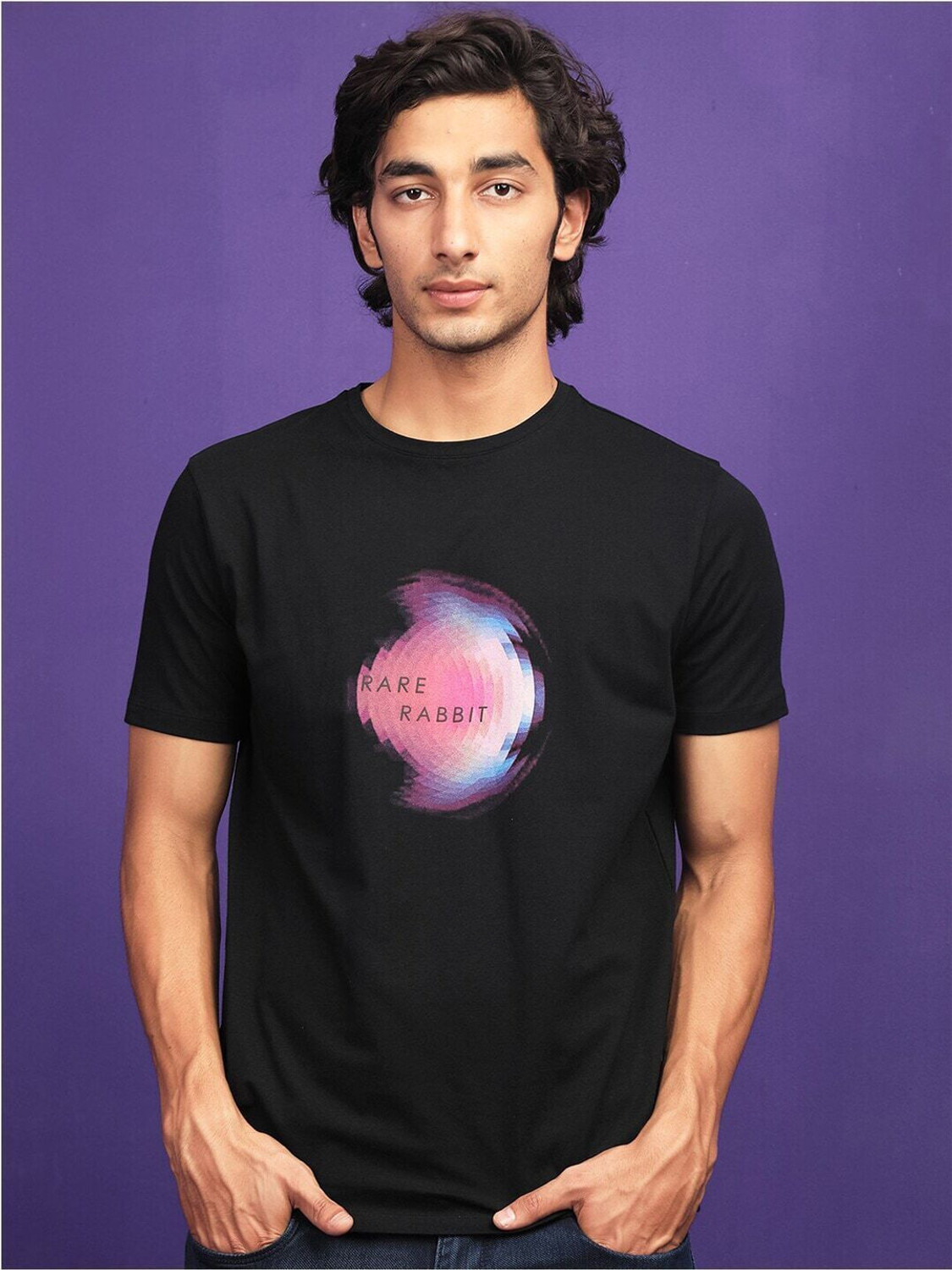 Image of RARE RABBIT Printed Men Round Neck Black T-Shirt
