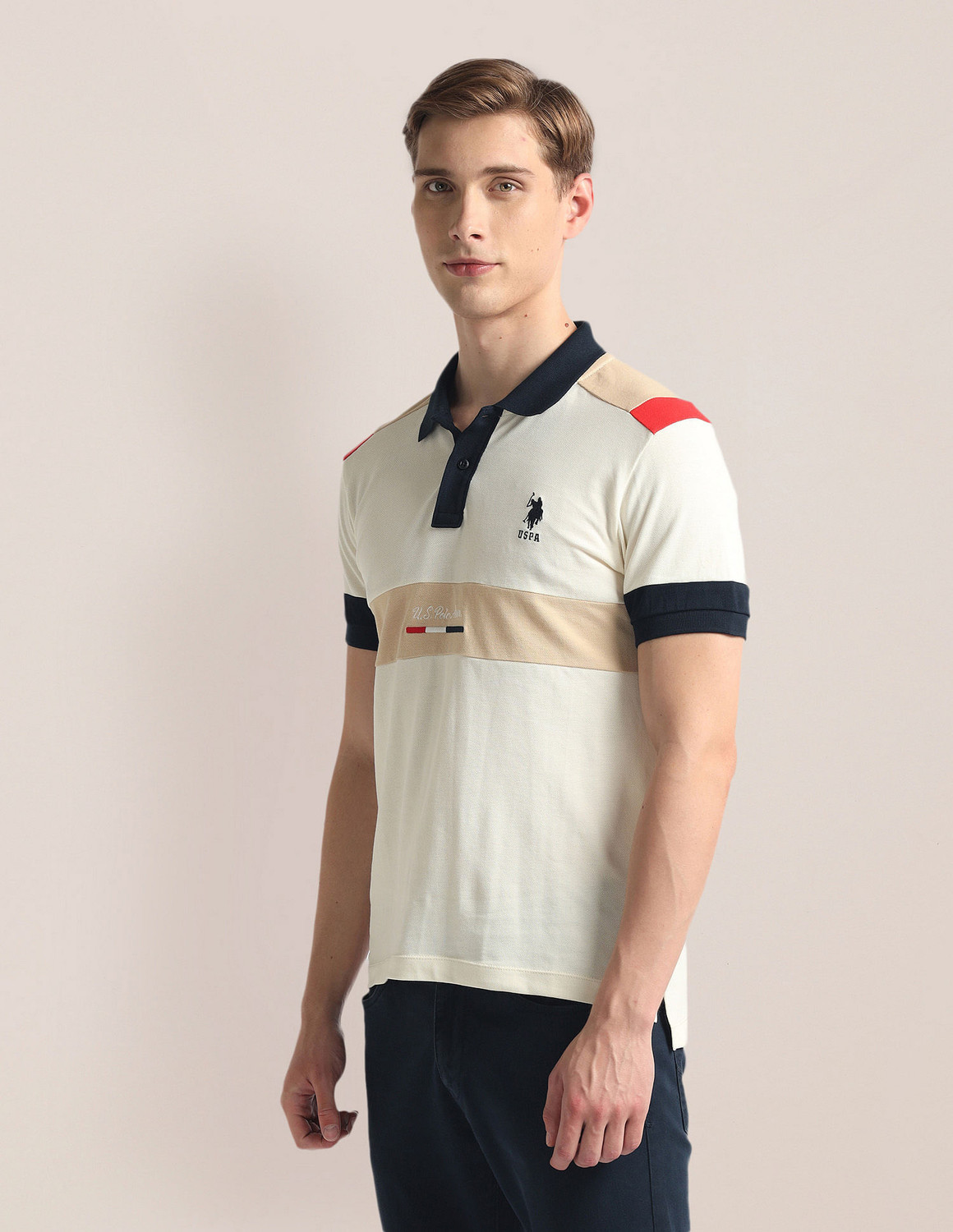 Image of U.S. POLO ASSN. Colorblock Men Polo Neck Beige T-Shirt
